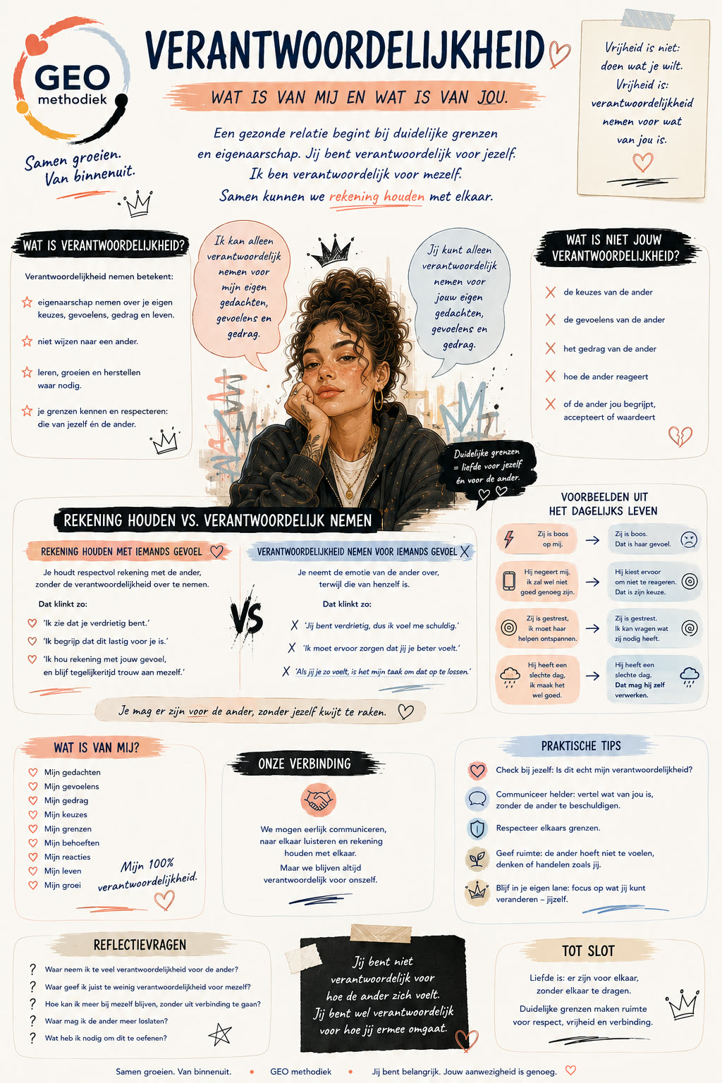 Infographic 'Verantwoordelijkheid: wat is van mij en wat is van jou' met een jongere, voorbeelden van wat verantwoordelijkheid wél en niet is, en reflectievragen